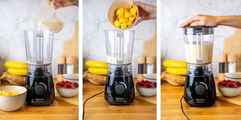 Add milk and fruit to the blender and pulse until combined. Add milk and fruit to the blender and pulse until combined.